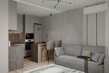 Design of a 1-room apartment in Mysto Kvitiv residential complex, 40 m2